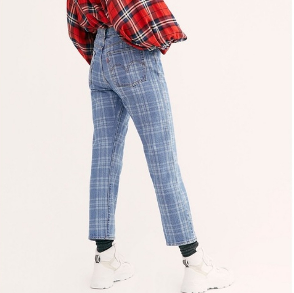 Levi's x Free People Blue Plaid Print High Rise Button Fly Wedgie Straight Jeans - Picture 2 of 13
